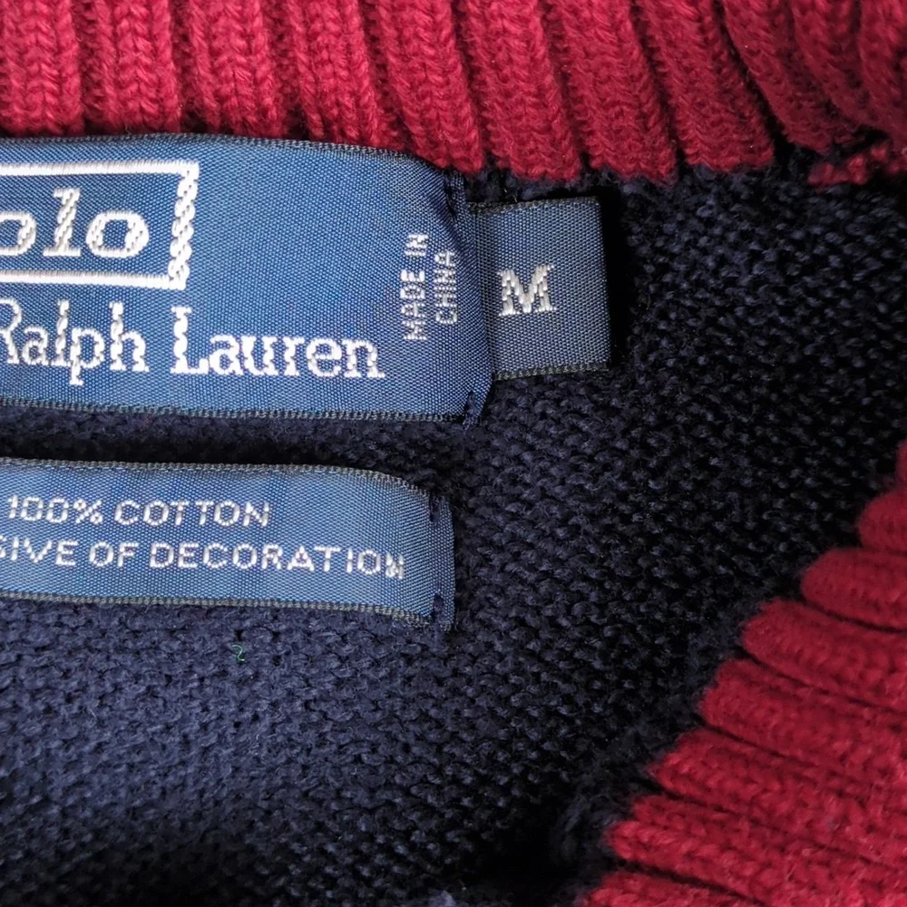 Vintage Polo Ralph Lauren 1/4 Zip Sweater Mens Medium Blue Red Striped Sleeve